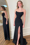 A Line Black Strapless Mermaid Slit Prom Dress With Beaded