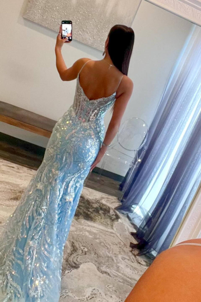 V Neck Light Blue Mermaid Long Prom Dress With Sequin Appliques