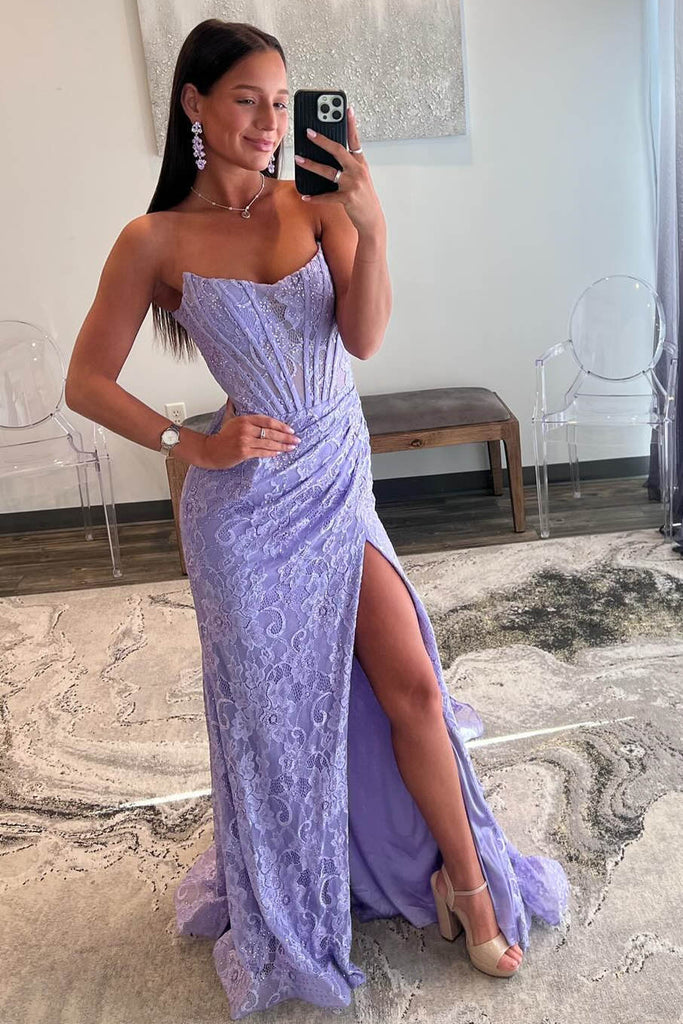 Off the Shoulder Lavender Sequin Ruched Mermaid Long Party Dress With Slit