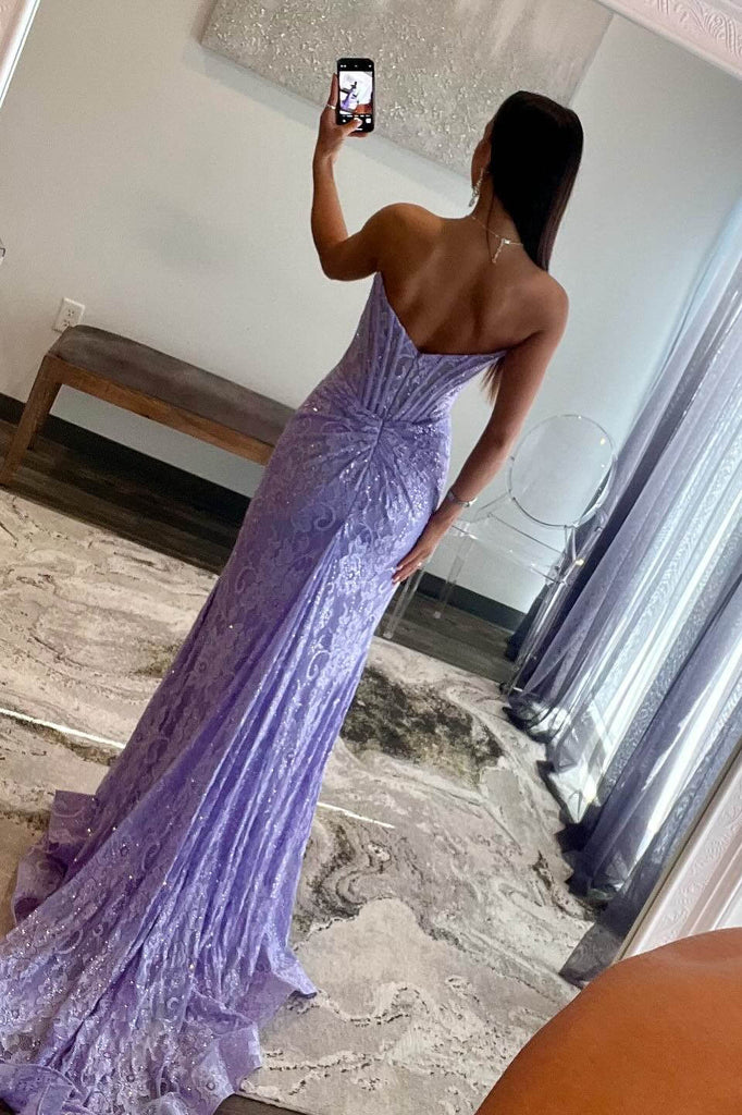 Off the Shoulder Lavender Sequin Ruched Mermaid Long Party Dress With Slit