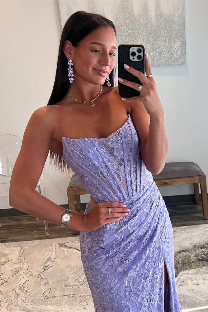 Off the Shoulder Lavender Sequin Ruched Mermaid Long Party Dress With Slit