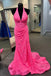 Halter Hot Pink Mermaid Long Evening Prom Dress With Pleated