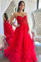 Sweetheart Red Ball Gown A Line Tulle Long Prom Dress with Ruffles