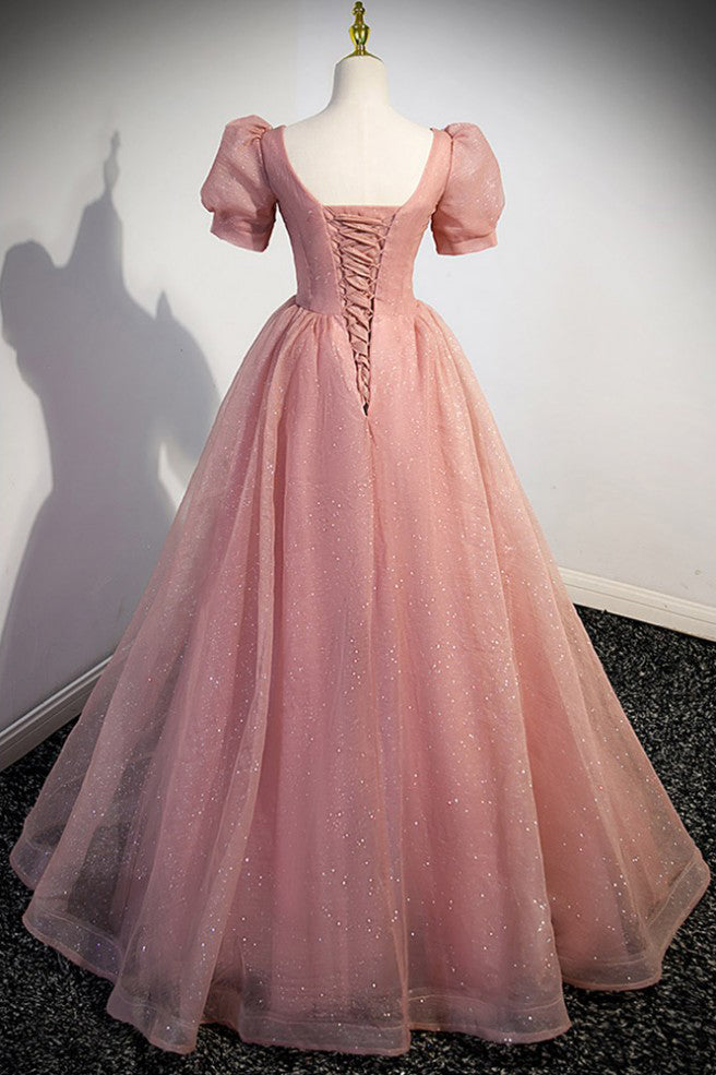 Pretty Pink Tulle Prom Dress With Short Sleeves, Shiny Sequin Long Formal Gown