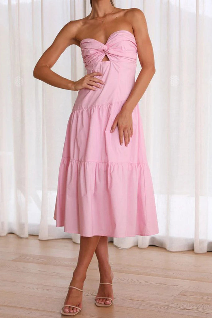 Sweetheart Pink Twisted Front Tiered Strapless Backless Midi Dress