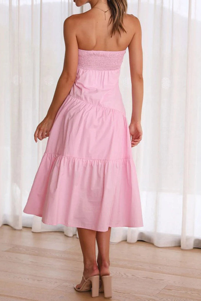 Sweetheart Pink Twisted Front Tiered Strapless Backless Midi Dress