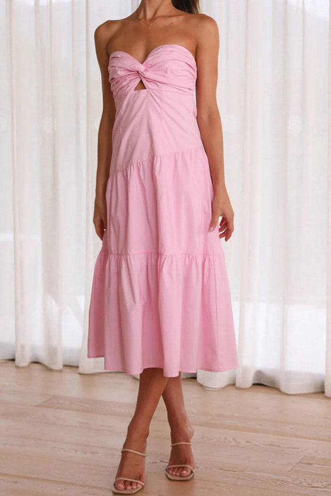 Sweetheart Pink Twisted Front Tiered Strapless Backless Midi Dress