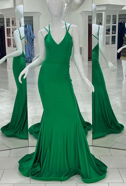 Straps Emerald Green V Neck Mermaid Sleeveless Long Prom Dress
