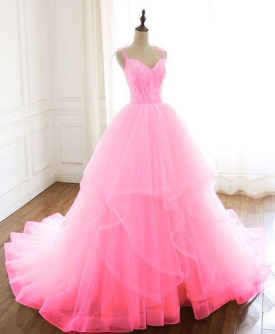 Spaghetti Straps V Neck Sleeveless Long Prom Dress, Pink Tulle Formal Gowns