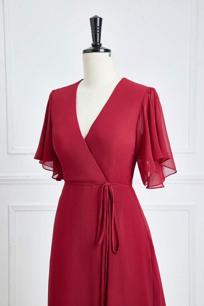 Chic Red A Line Short Sleeves V Neck Chiffon Long Bridesmaid Dress