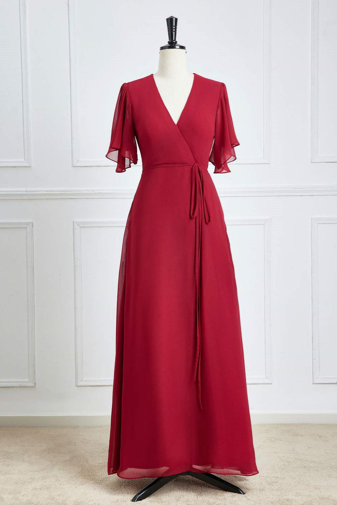 Chic Red A Line Short Sleeves V Neck Chiffon Long Bridesmaid Dress