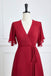 Chic Red A Line Short Sleeves V Neck Chiffon Long Bridesmaid Dress