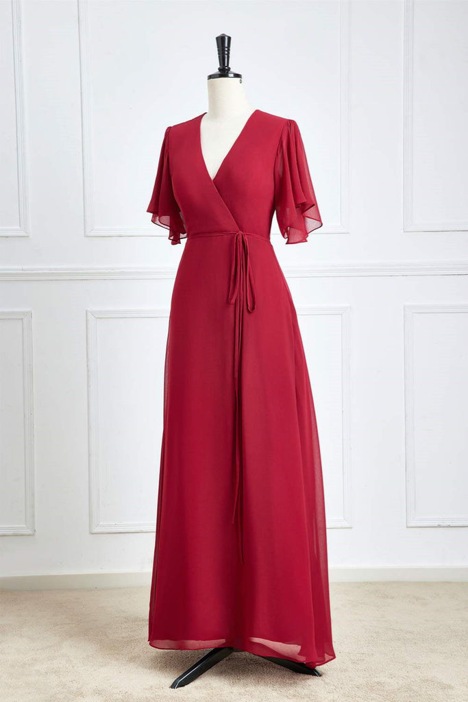 Chic Red A Line Short Sleeves V Neck Chiffon Long Bridesmaid Dress