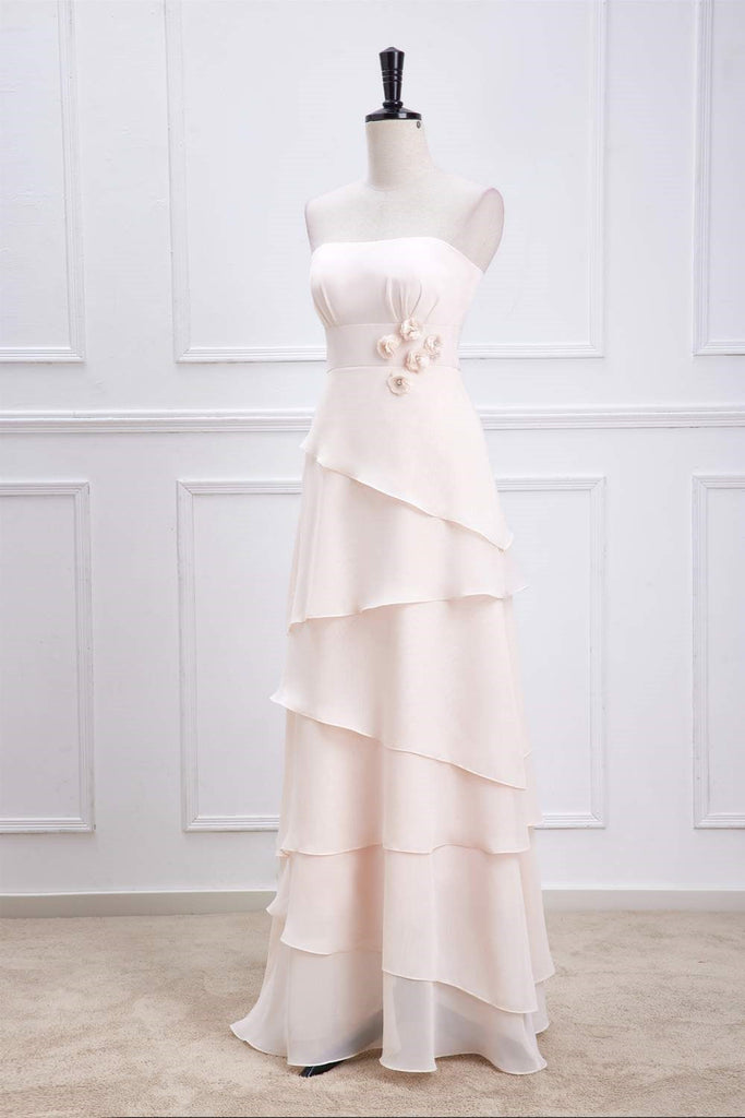 Strapless Peach Backless Chiffon Long Bridesmaid Dress With Layers