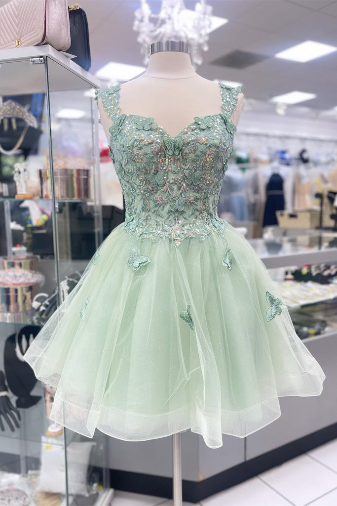 Straps Sage Green A Line Short Homecoming Dress With Butterfly Appliques