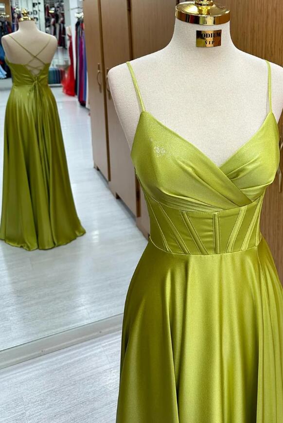 Sexy Yellow Spaghetti Straps A Line Satin Long Prom Evening Dress