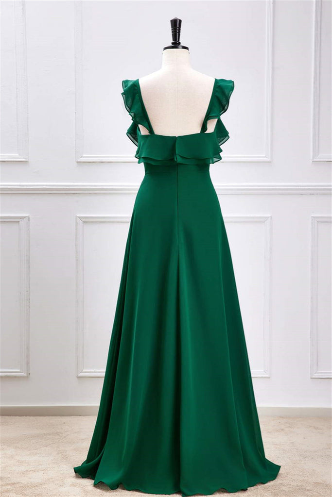 Straps Emerald Green V Neck Long Bridesmaid Dress With Ruffles