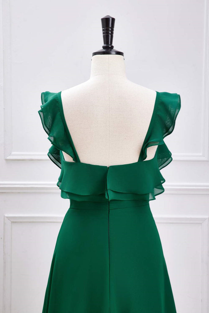 Straps Emerald Green V Neck Long Bridesmaid Dress With Ruffles