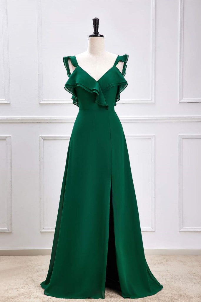 Straps Emerald Green V Neck Long Bridesmaid Dress With Ruffles