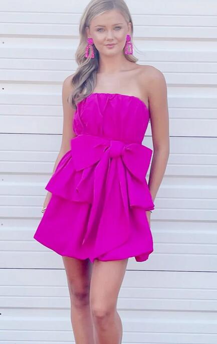 Strapless Pink A Line Short Homecoming Dress With Bowknot