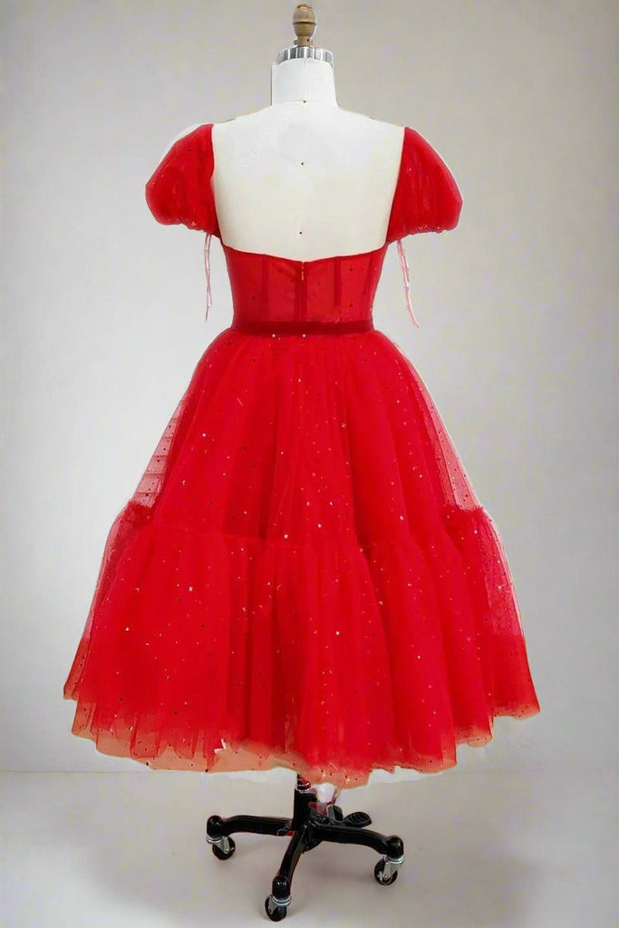 Sweetheart Red Sequins Short Homecoming Dresses With Balloon Sleeves