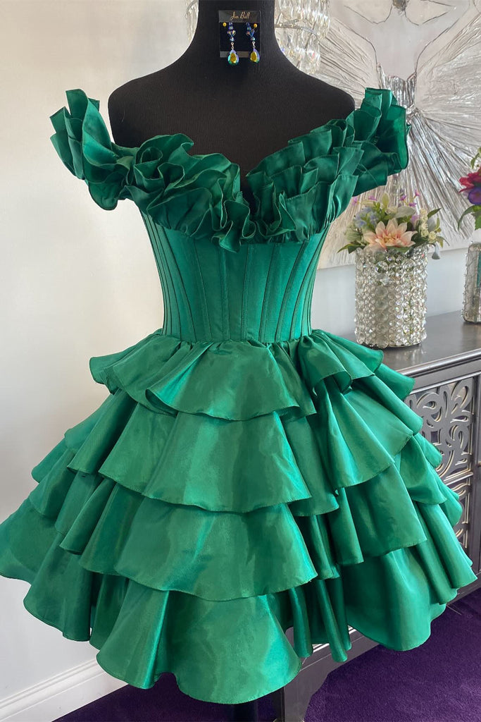 Taffeta Green Off the Shoulder Short Homecoming Dress With Ruffles