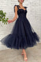 A Line Dark Blue Tea-Length Tulle Long Prom Dress, Royal Blue Tulle Evening Dress