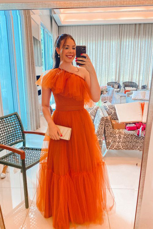 One Shoulder Orange Floor-Length Sleeveless Tulle Long Prom Dress