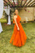 One Shoulder Orange Floor-Length Sleeveless Tulle Long Prom Dress