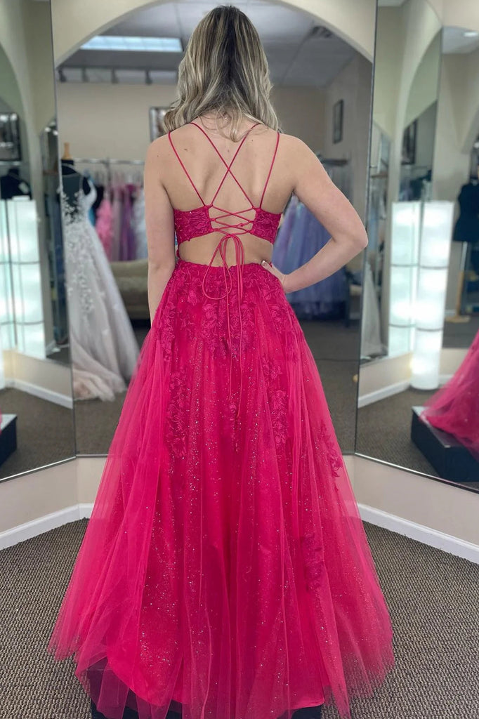 Spaghetti Straps Fuchsia Sequin A Line Long Lace Prom Dress With Split