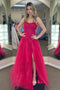Spaghetti Straps Fuchsia Sequin A Line Long Lace Prom Dress With Split