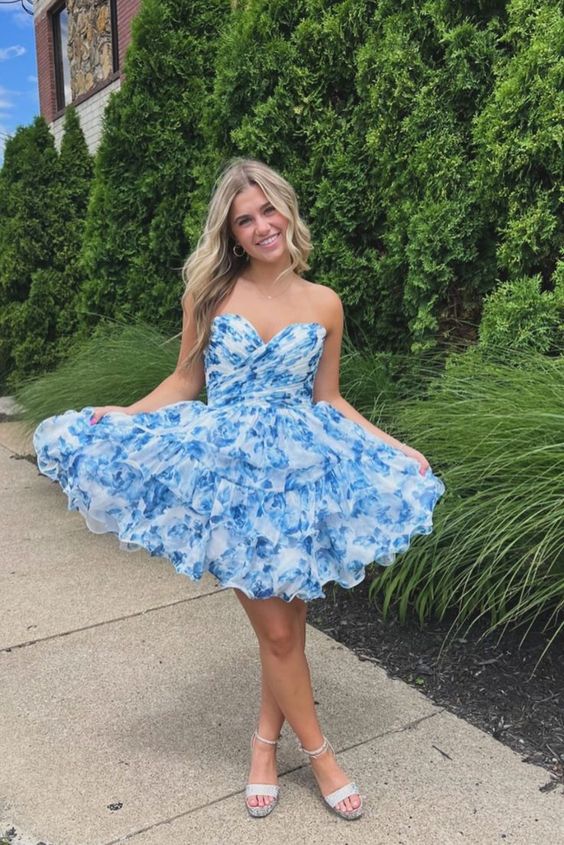 Sweetheart Blue Floral Short Homecoming Dresses With Ruched