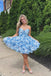 Sweetheart Blue Floral Short Homecoming Dresses With Ruched