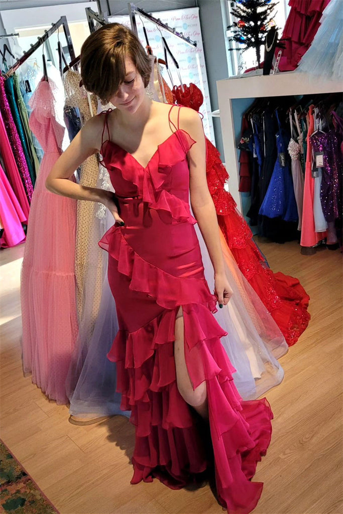 Spaghetti Straps Fuchsia Mermaid Slit Long Prom Dress With Ruffles