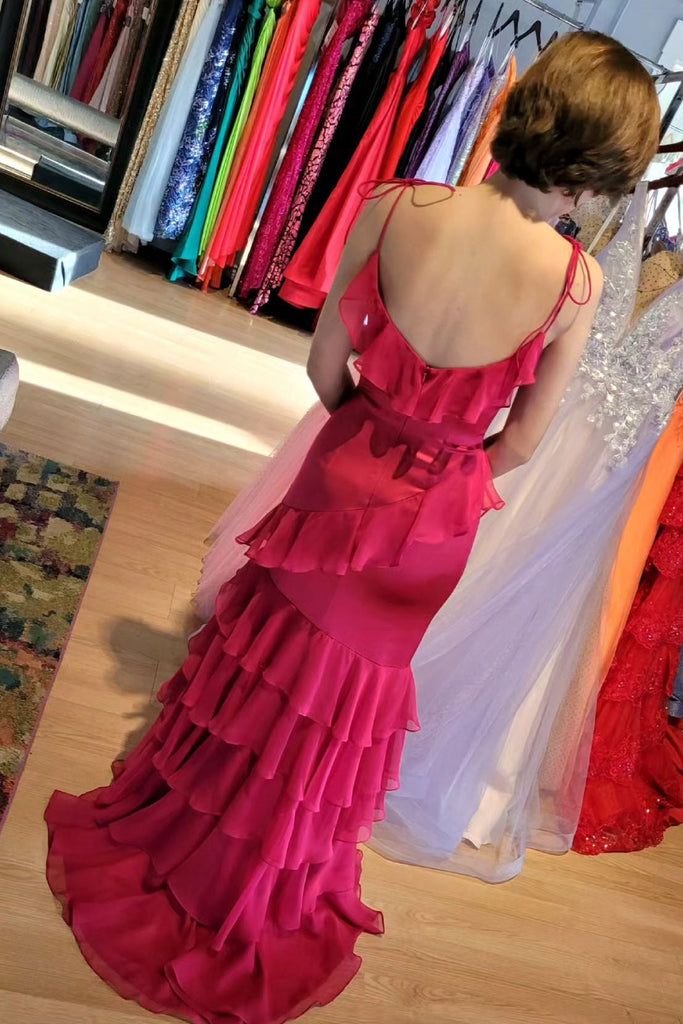 Spaghetti Straps Fuchsia Mermaid Slit Long Prom Dress With Ruffles