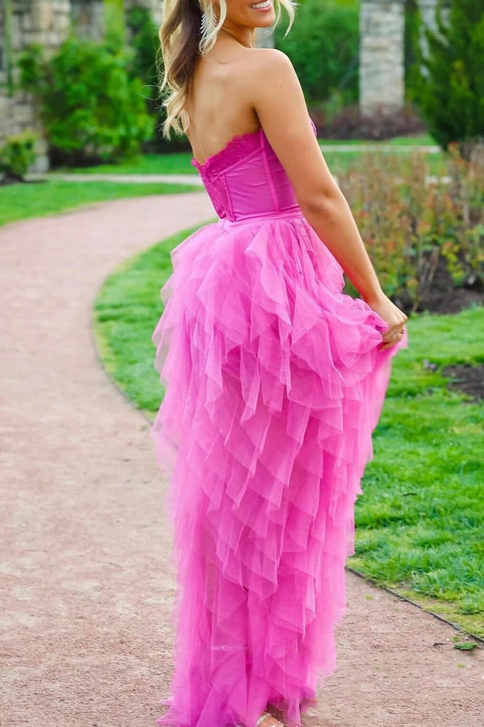 Sweetheart Hot Pink A Line Tulle Lace Long Prom Dress With Ruffles Slit