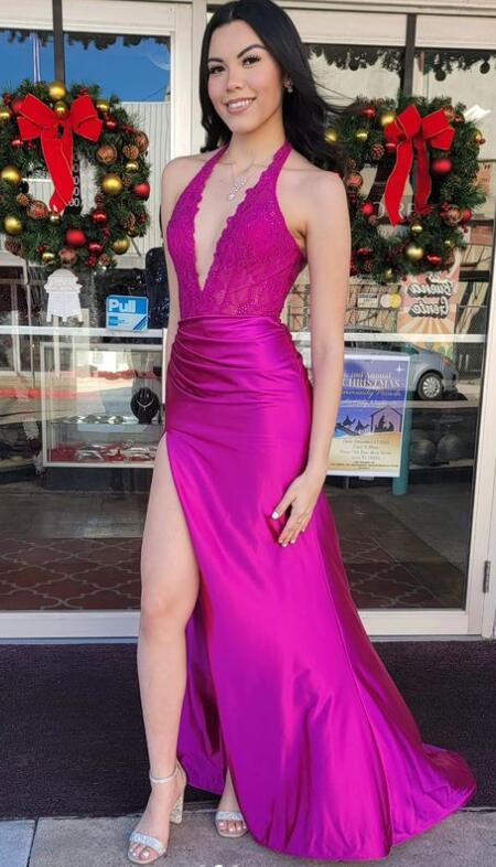 Mermaid Halter Lace Deep V Neck Long Prom Dress With Side Split