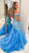 Off the Shoulder Light Blue A Line Tulle Long Prom Dress With Sequins