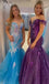 Off the Shoulder Light Blue A Line Tulle Long Prom Dress With Sequins