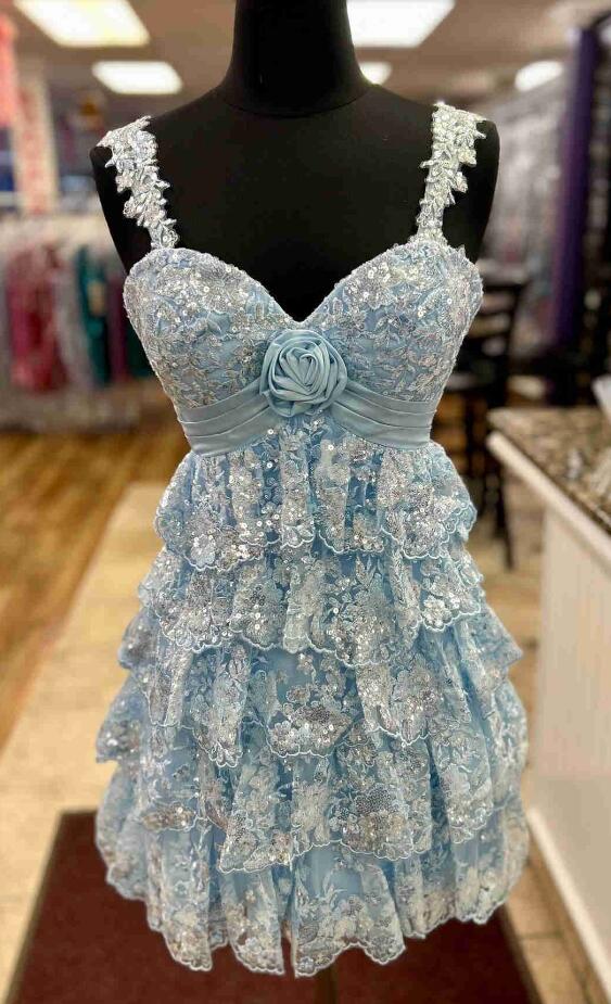 Straps Light Blue Lace Short Homecoming Dress With Sequins Ruffles