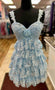 Straps Light Blue Lace Short Homecoming Dress With Sequins Ruffles