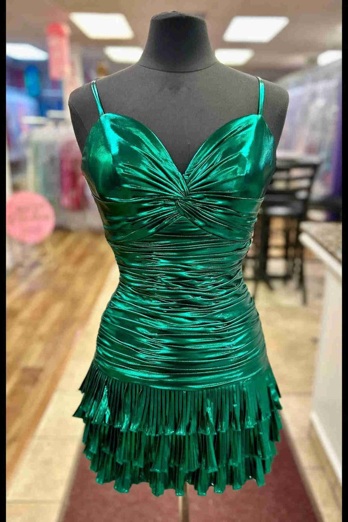 Spaghetti Straps Green V Neck Short Homecoming Dress With Ruffles