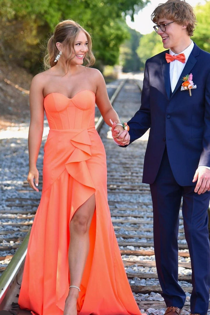 Sweetheart Orange Satin A Line Long Party Prom Dress With Slit