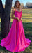 Spaghetti Straps Hot Pink A Line Long Prom Dress Party Gown With Slit