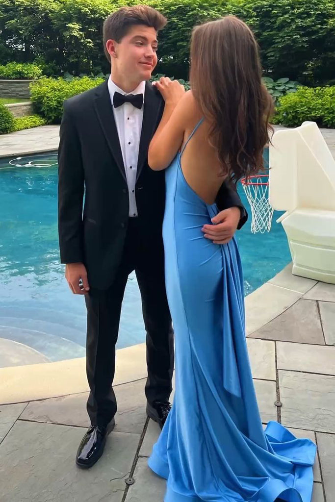 Mermaid Blue Spaghetti Straps Backless Satin Long Prom Dress