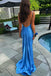 Mermaid Blue Spaghetti Straps Backless Satin Long Prom Dress