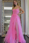 A Line Hot Pink Princess Prom Dress Lace Slit Formal Dress with Applique