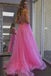 A Line Hot Pink Princess Prom Dress Lace Slit Formal Dress with Applique