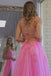 A Line Hot Pink Princess Prom Dress Lace Slit Formal Dress with Applique