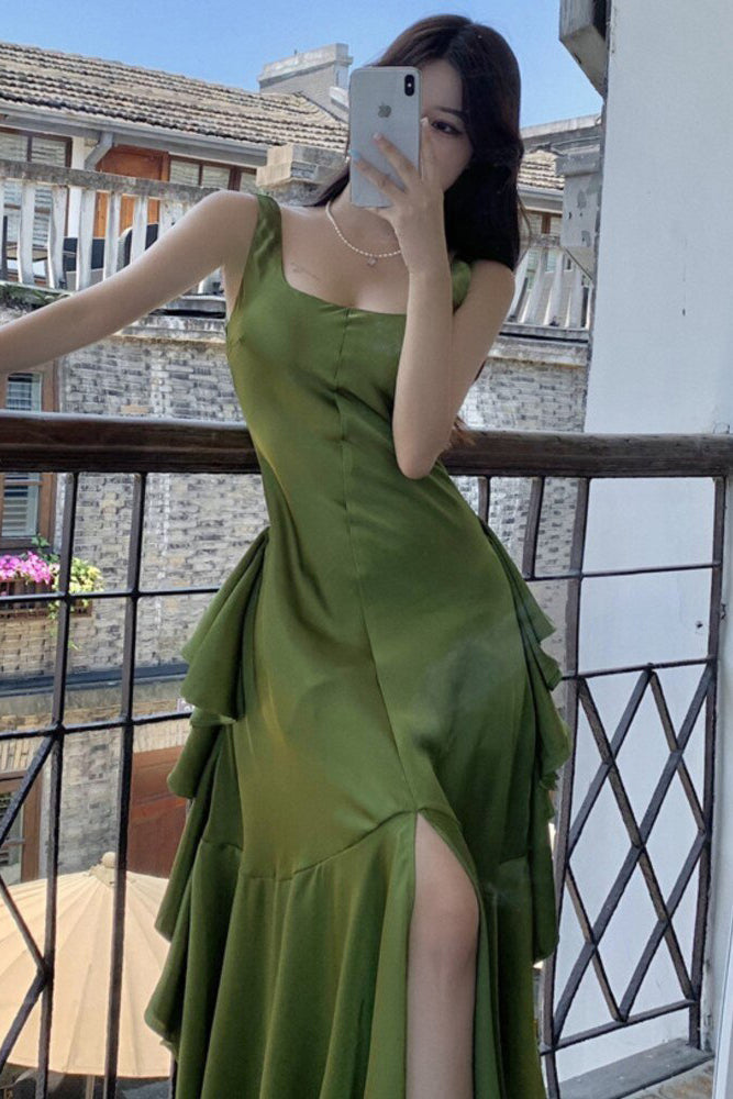 Satin Green Square Backless Sleeveless Long Prom Dress With Slit Ruffle